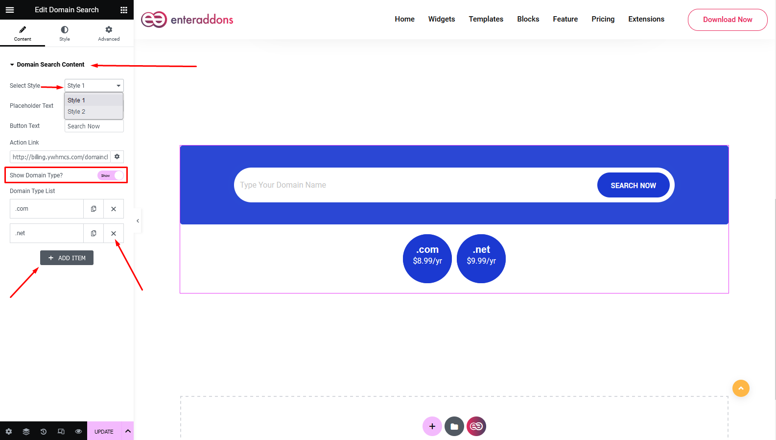 How To Use Domain Search Widget Of EnterAddons - Enter Addons
